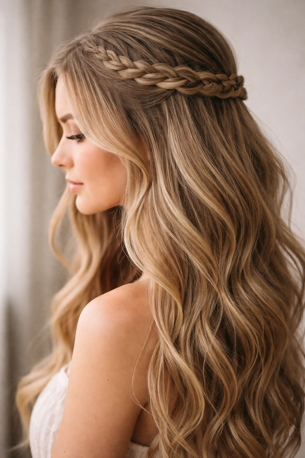 One-sided lace braid with rest of hair down in soft waves