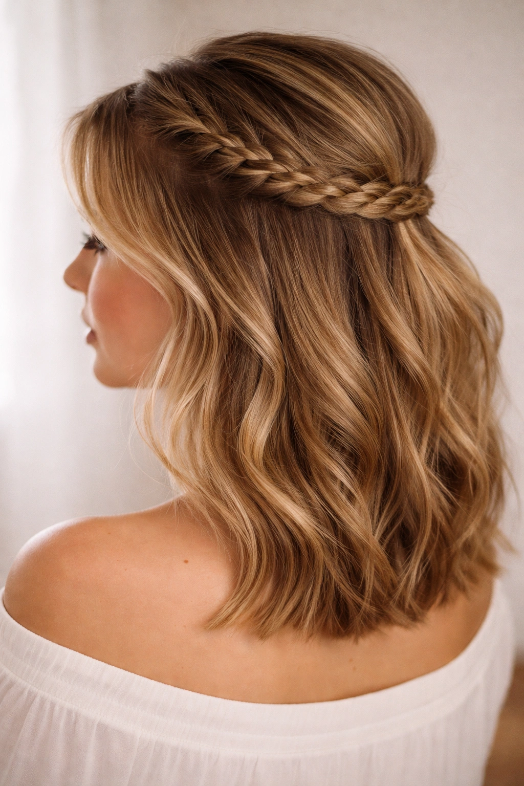 One-sided lace braid half up hairstyle on shoulder-length hair