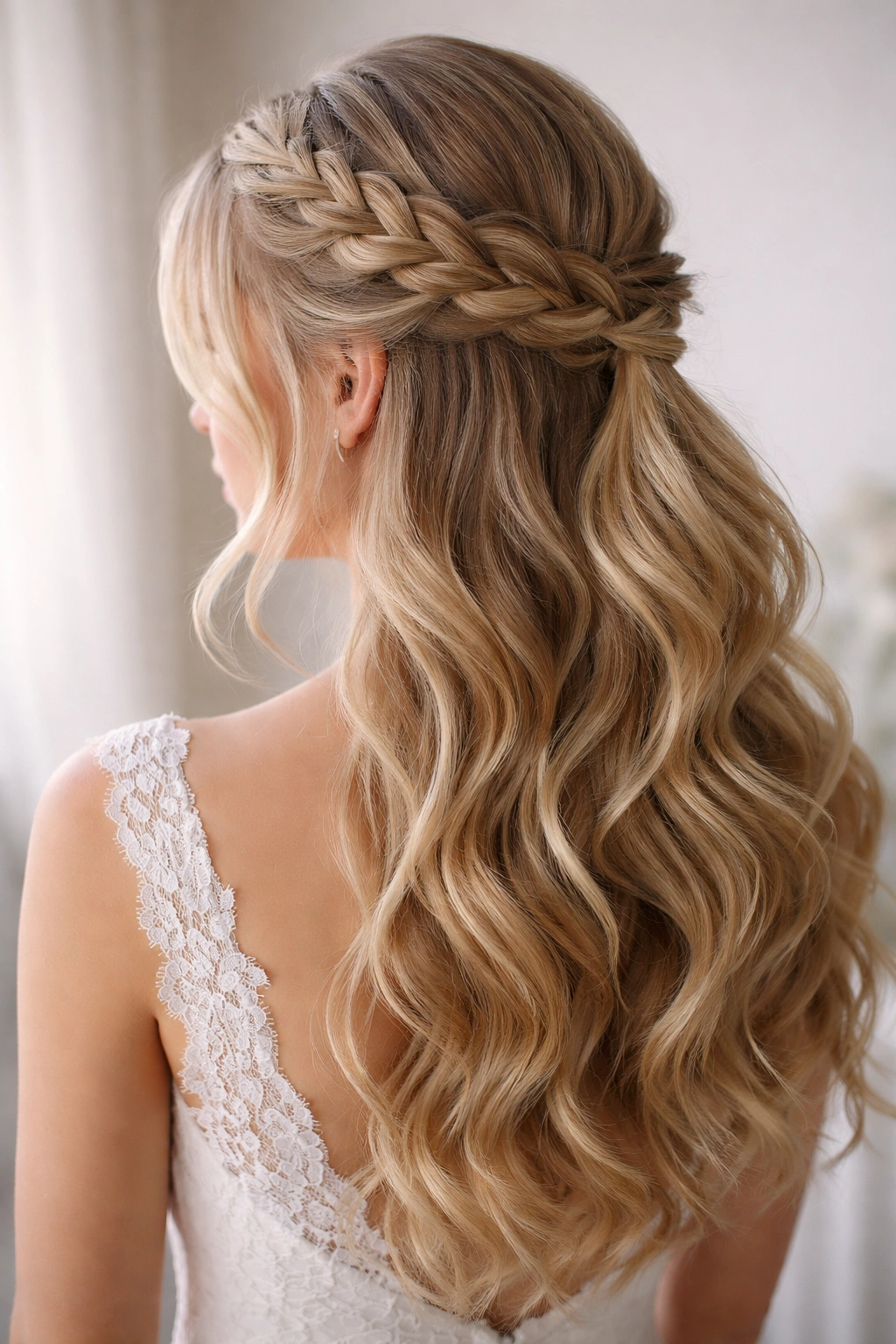 Romantic lace braid half up wedding hairstyle