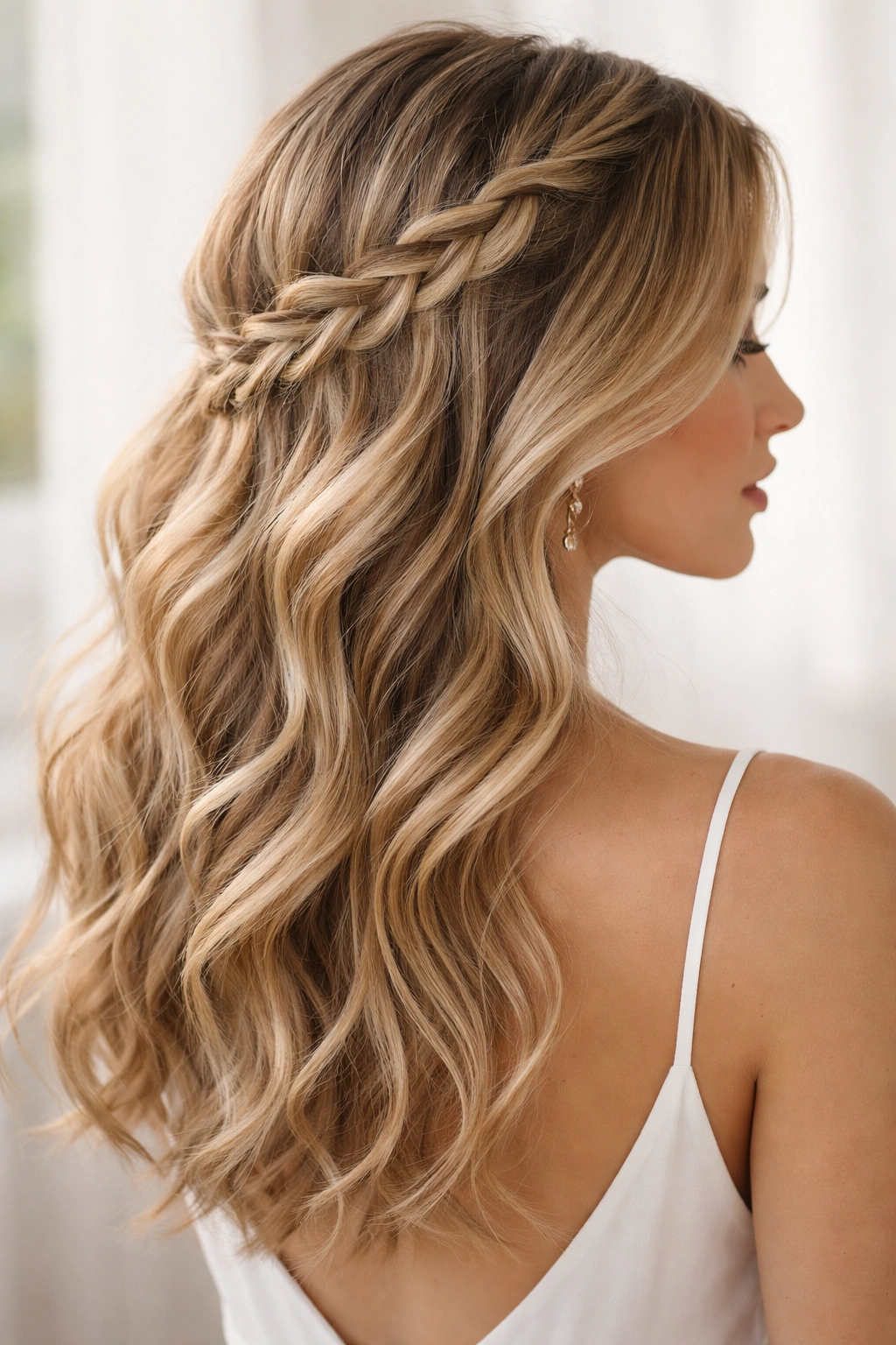 Soft beach waves with a loose lace braid weaving through the hair