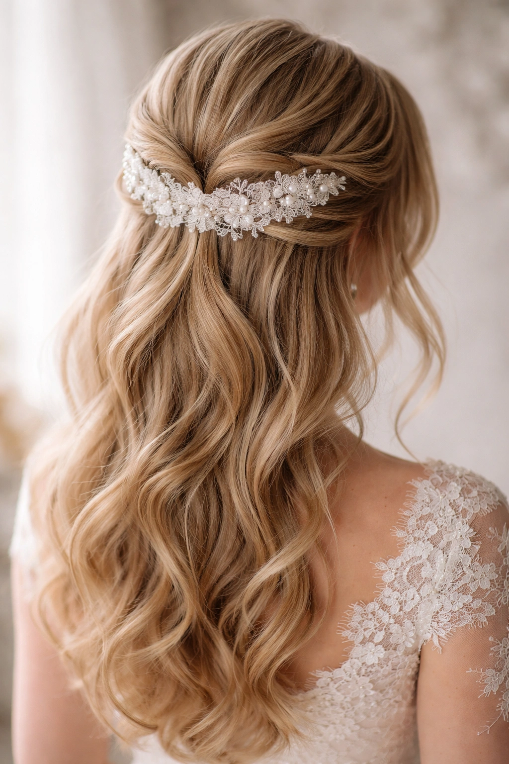 Half-up hairstyle with delicate lace details