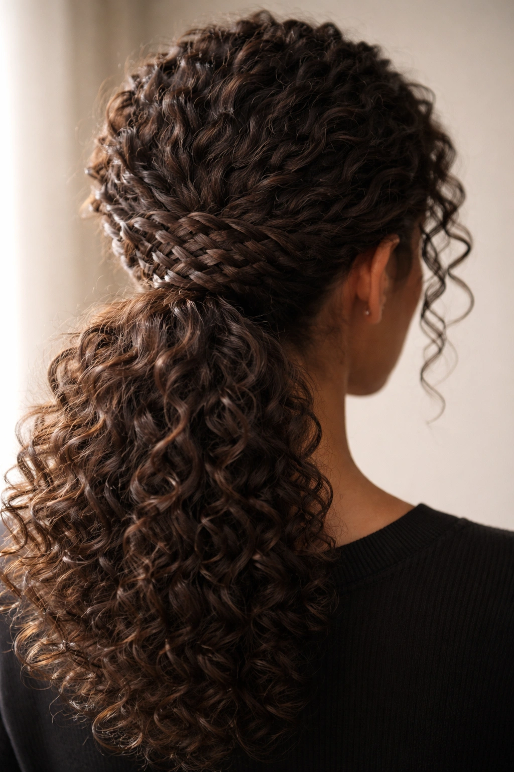 Close-up of a lattice weave pattern at the base of a curly low ponytail