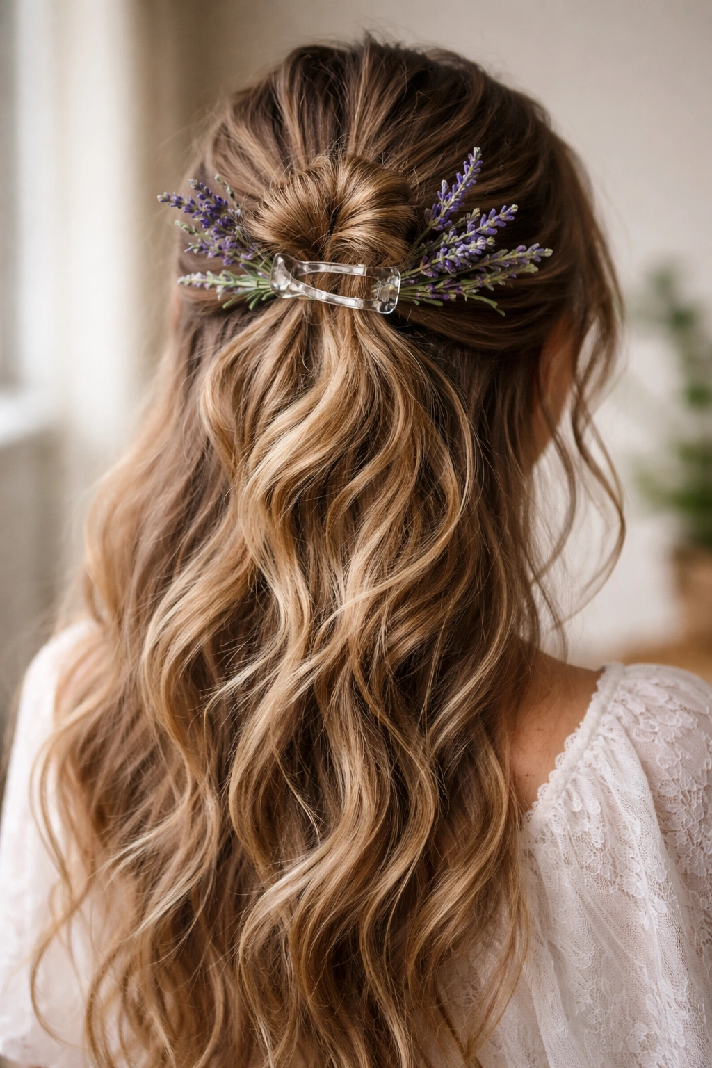 Close-up of lavender cascade half-up bun with claw clip and lavender stems against a soft studio backdrop