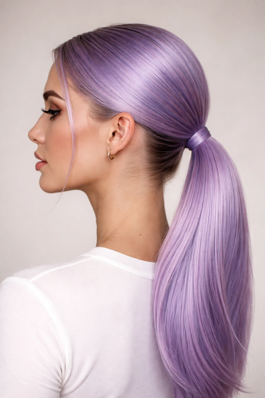 Side profile of a sleek lavender low ponytail at the nape
