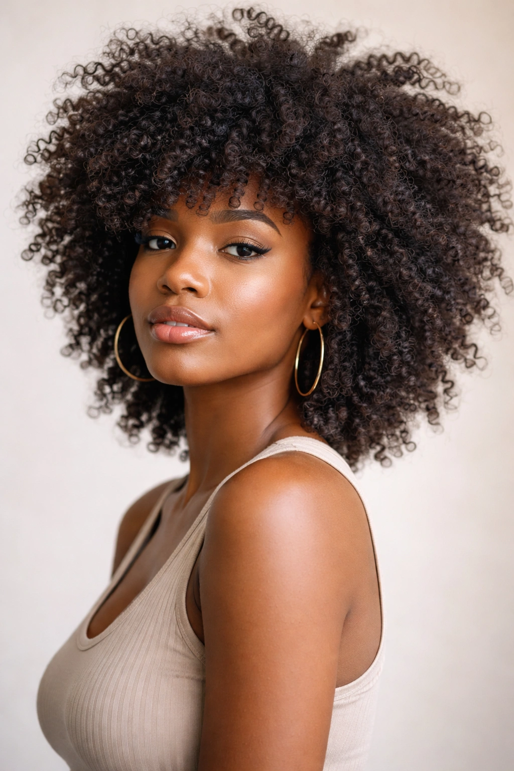 Layered coily afro with varying curl lengths and movement