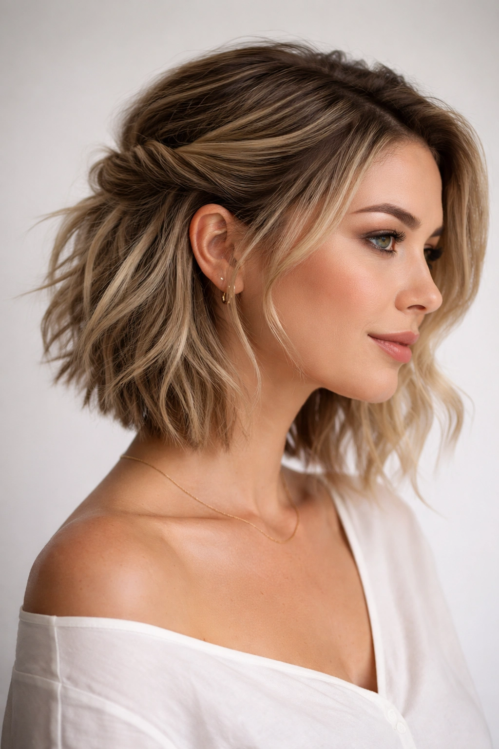 Layered asymmetrical short cut with longer side tucked behind ear and shorter textured side