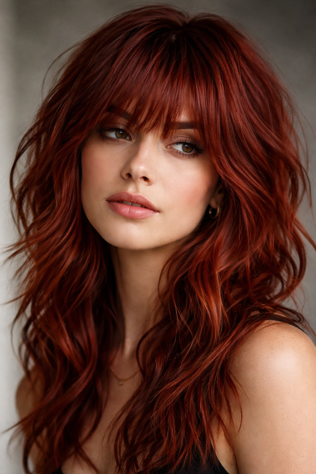 Layered bangs with choppy wavy texture in red hair