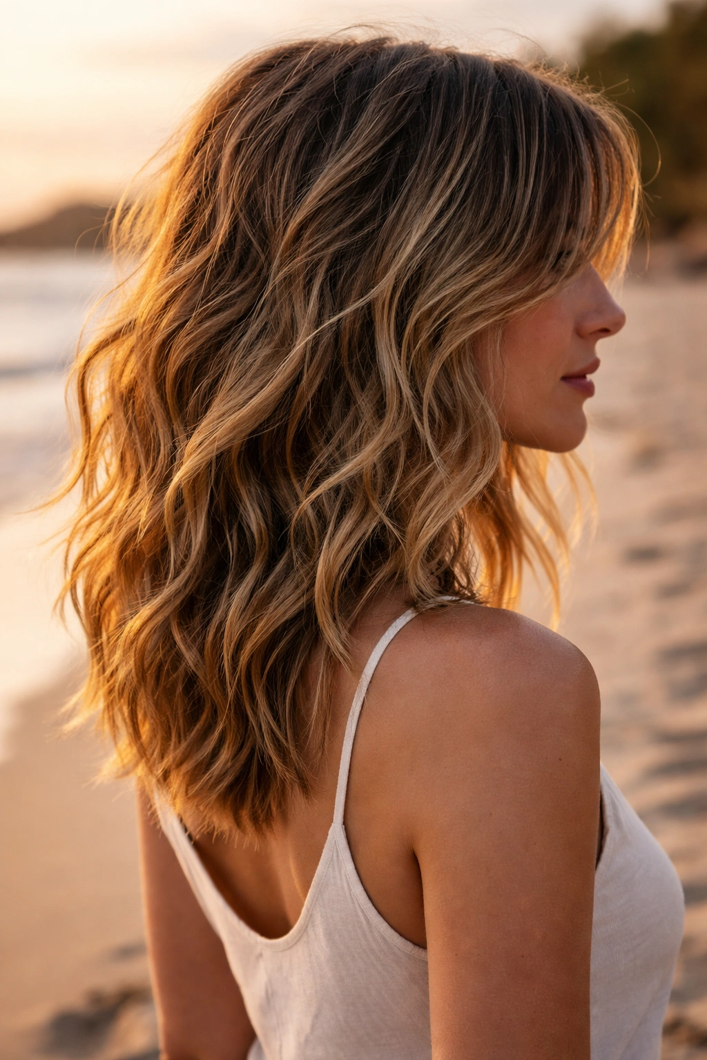 Close-up of textured beach waves with layered collarbone-length hair