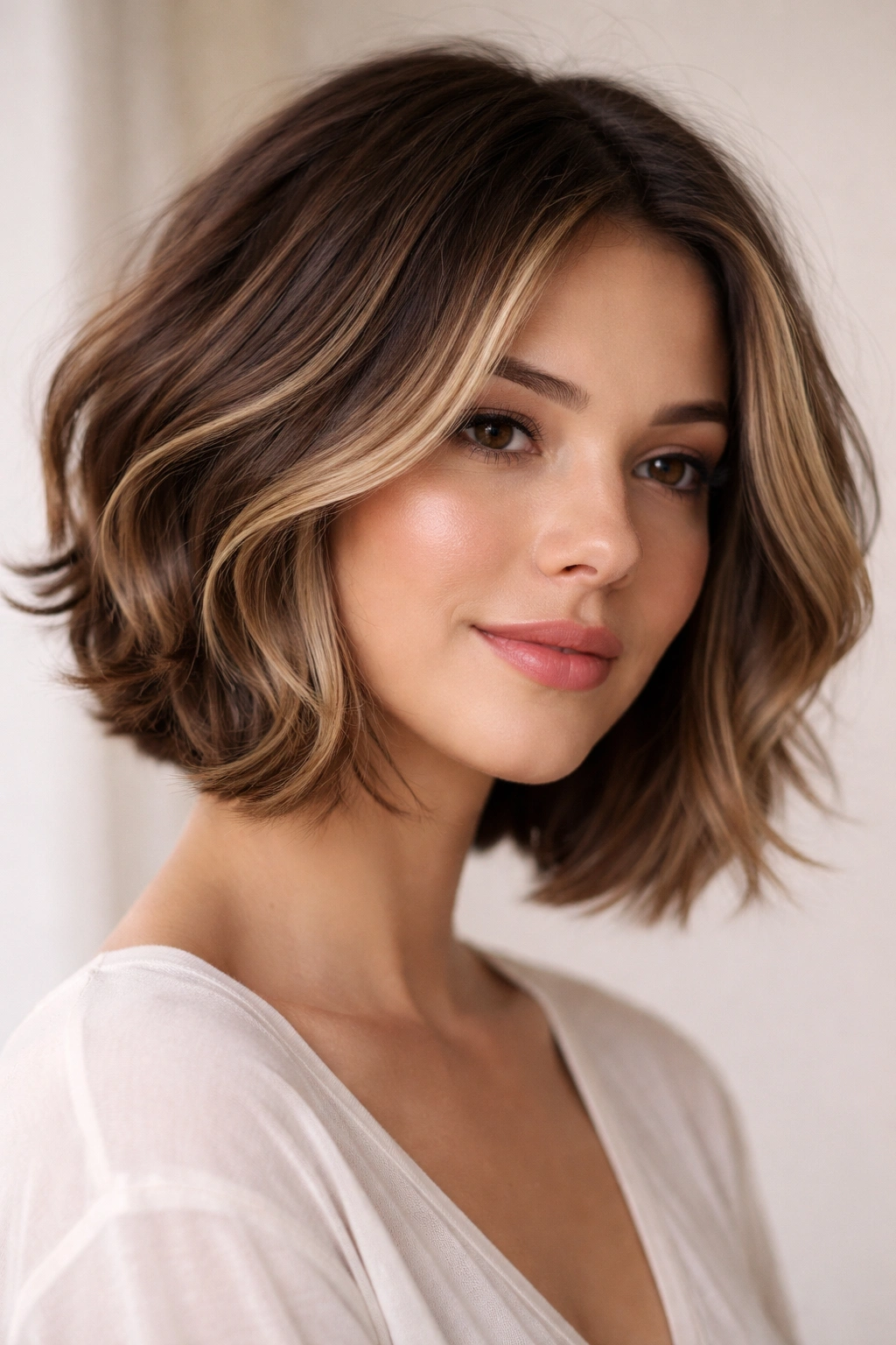 Layered short bob with face-framing highlights around the cheeks