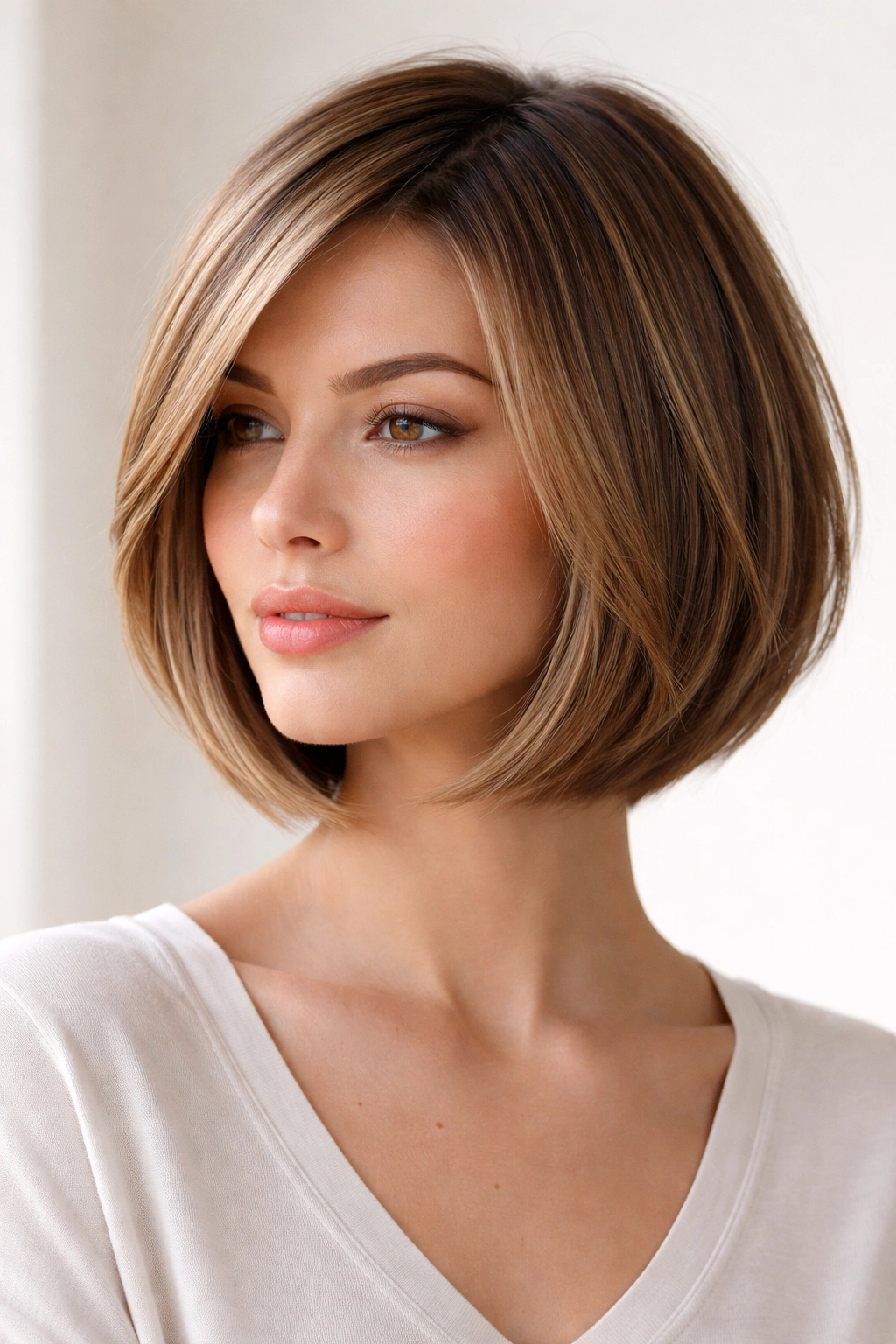 Close-up of layered bob hairstyle on straight hair with chin-length layers