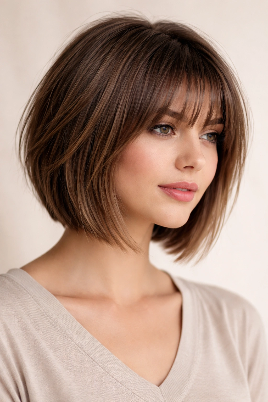 Layered bob with wispy bangs on straight hair.