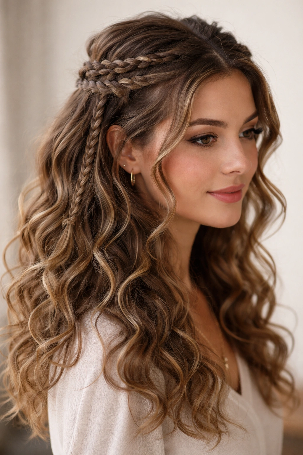 Layered braids half up hairstyle on curly hair with multiple thin braids at the crown.