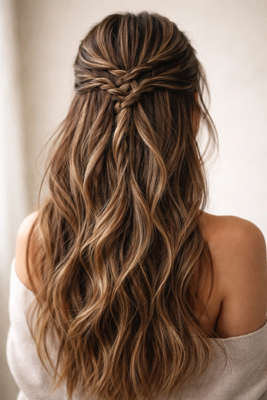 Back view of layered thin braids in a half-up hairstyle