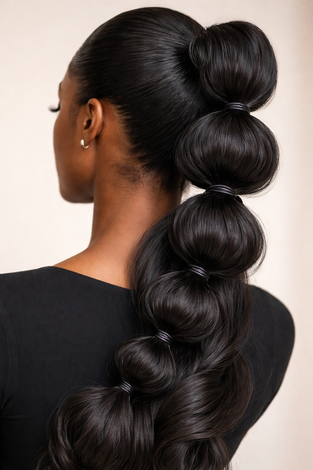 Layered bubble ponytail with varied bubble sizes along the length