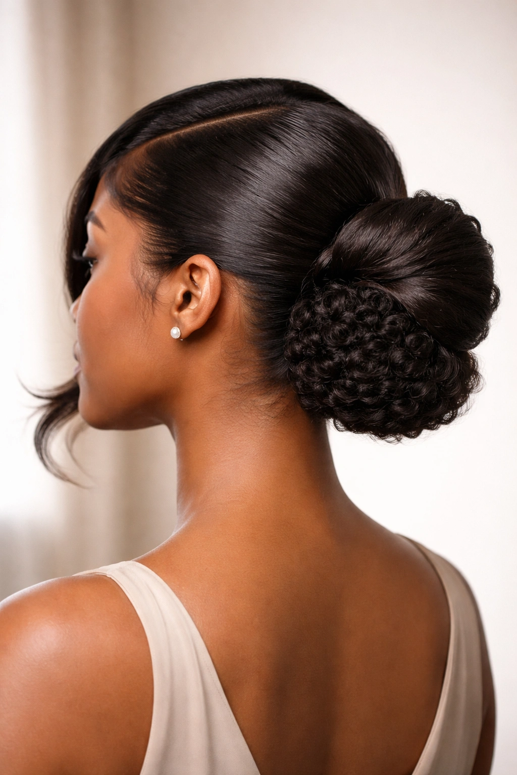 Layered bun created from side-part ponytail showing two-tier texture
