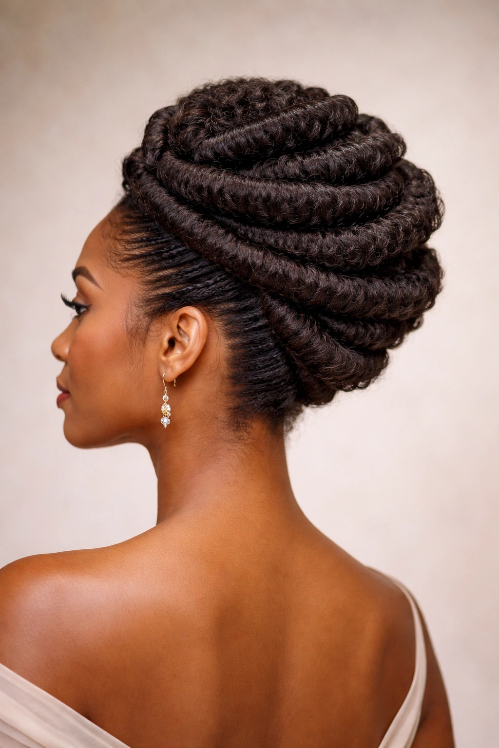 Horizontal layers of coils rolled upward to create a layered coil roll updo