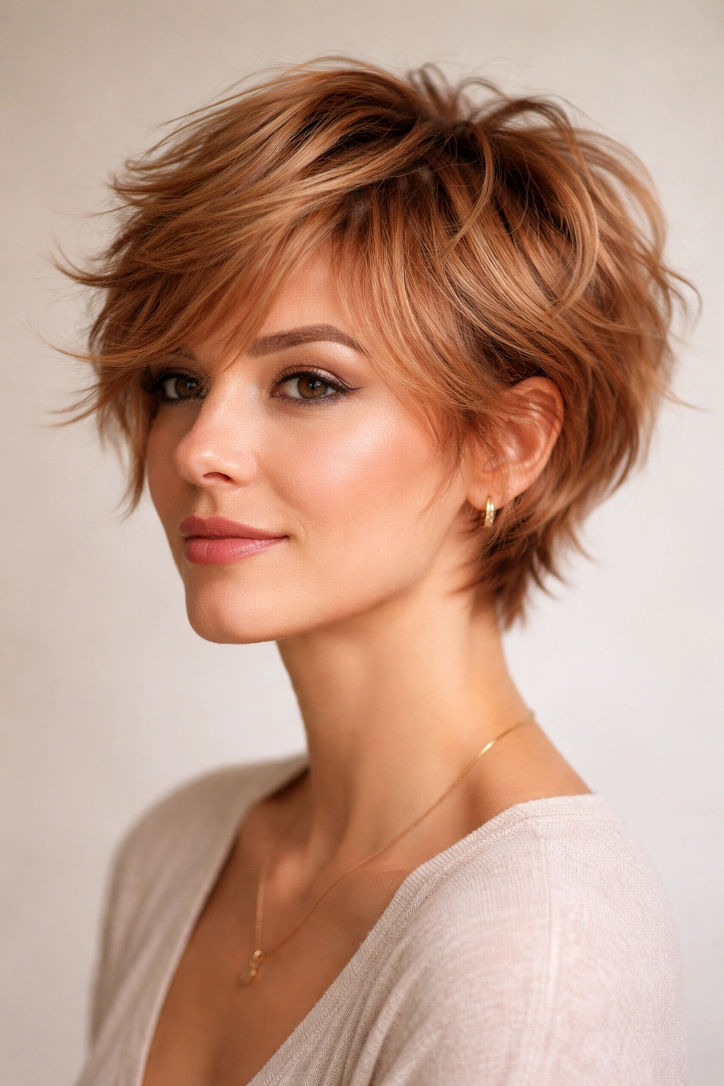 Tousled layered crop with movement in strawberry blonde.