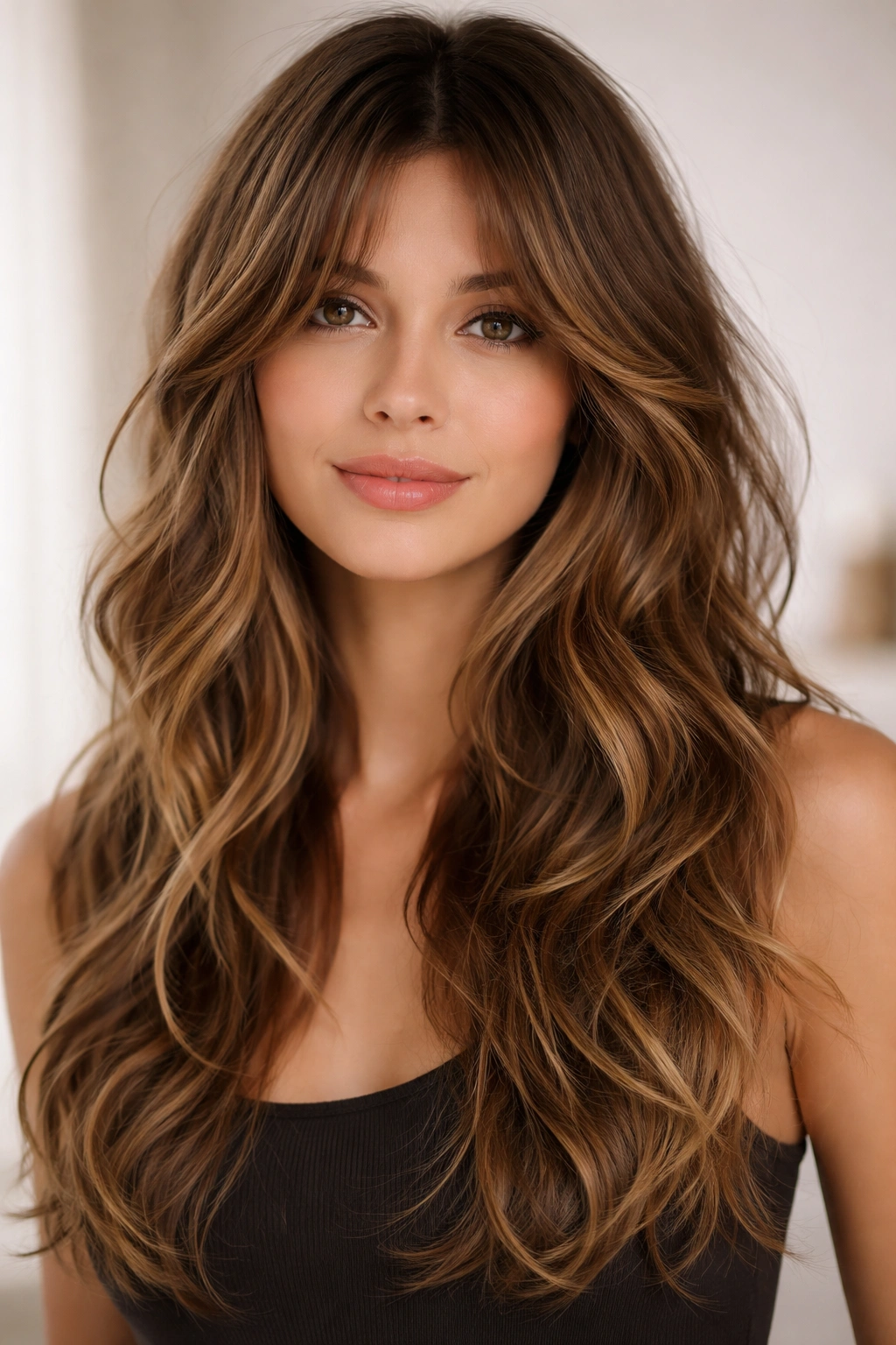 Close-up of layered curtain bangs with waves featuring face-framing fringe and textured layers.