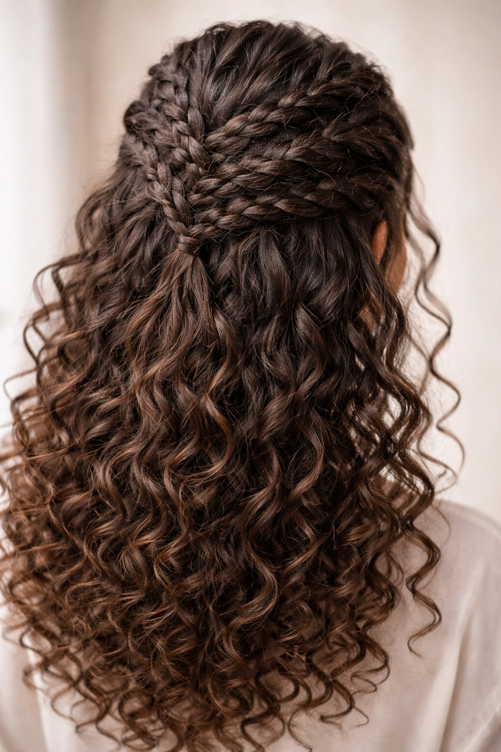 Close-up of layered Dutch braids on curly hair in a half-up half-down style