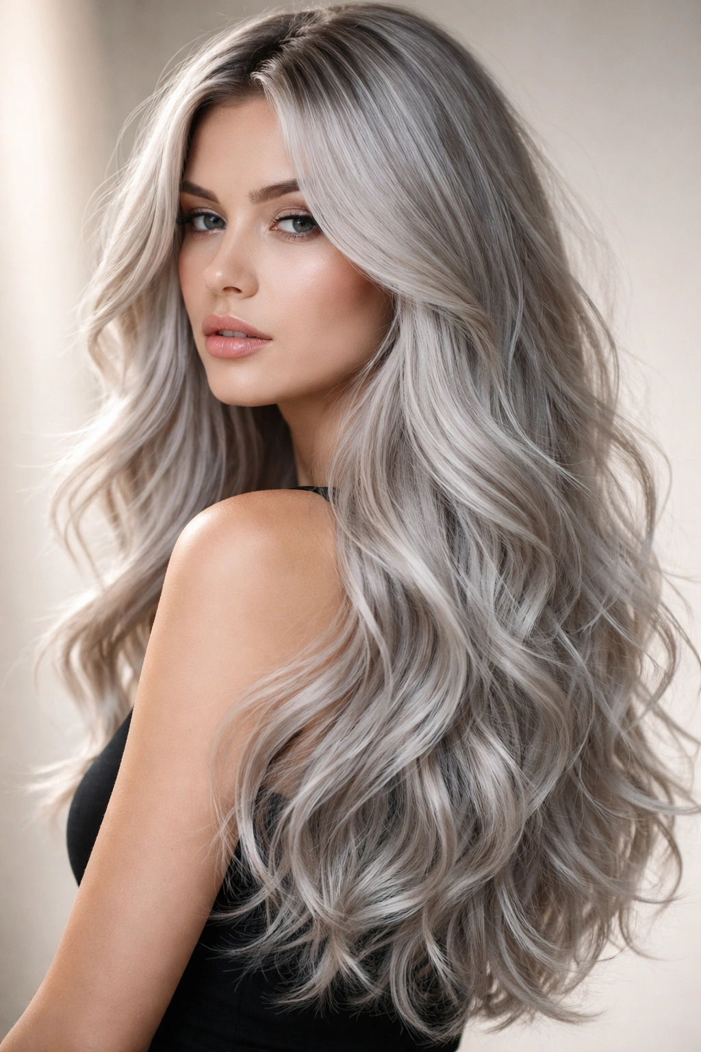Close-up of long silver hair with layered ends and textured waves