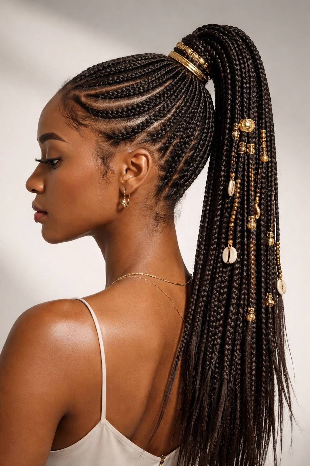 Layered Fulani braids forming a stacked ponytail with multiple layers.