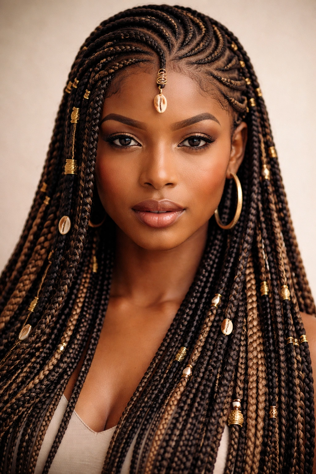 Close-up of layered Fulani crochet braids with visible patterns