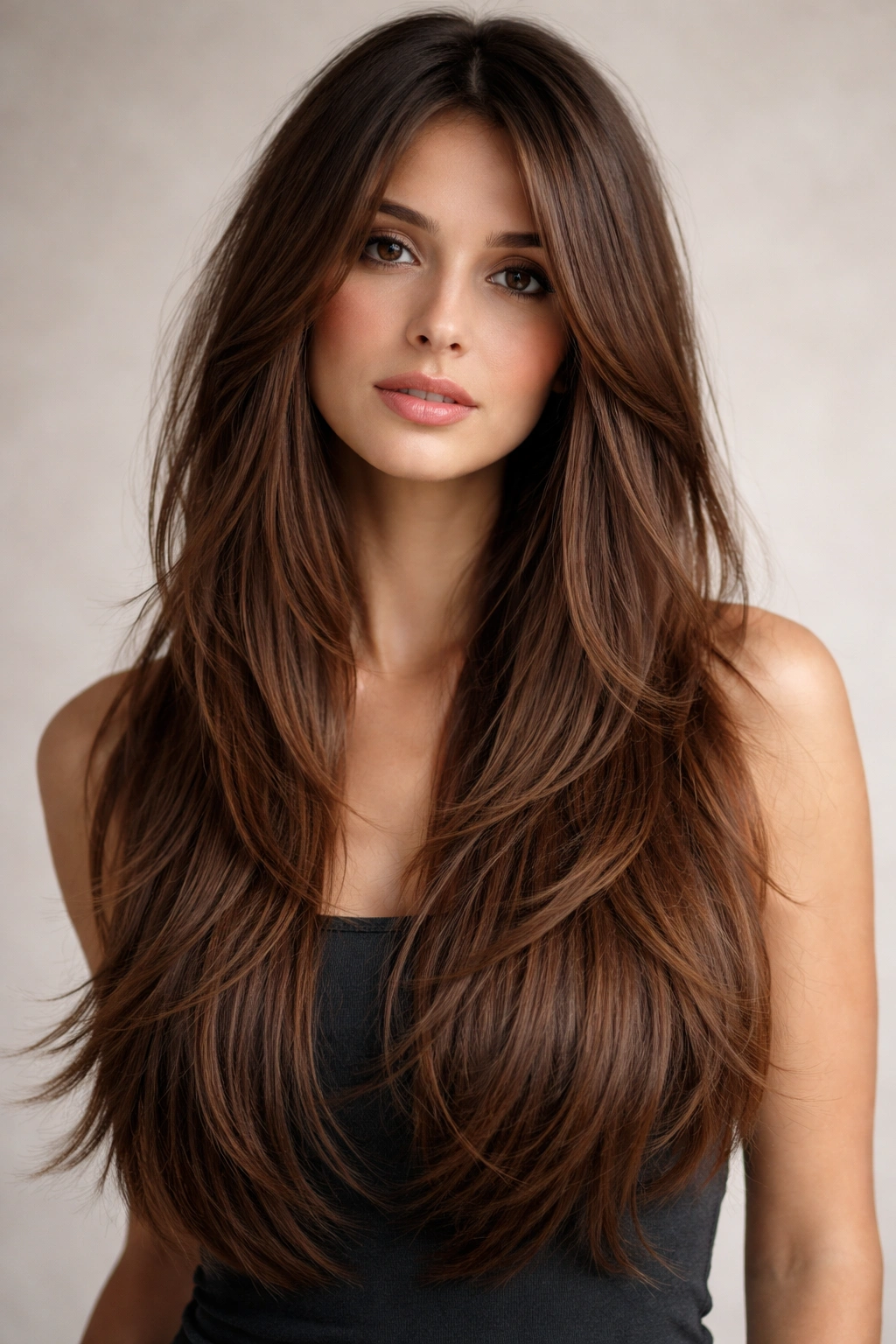 Close-up of long straight hair with heavy layering showing movement and texture