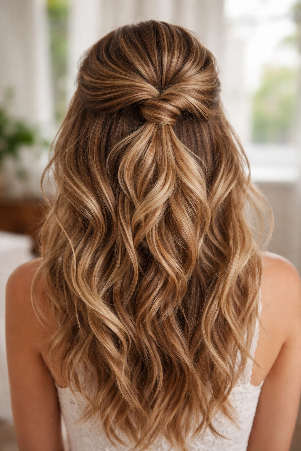 Close-up of thick hair with choppy layers and a textured half-up twist