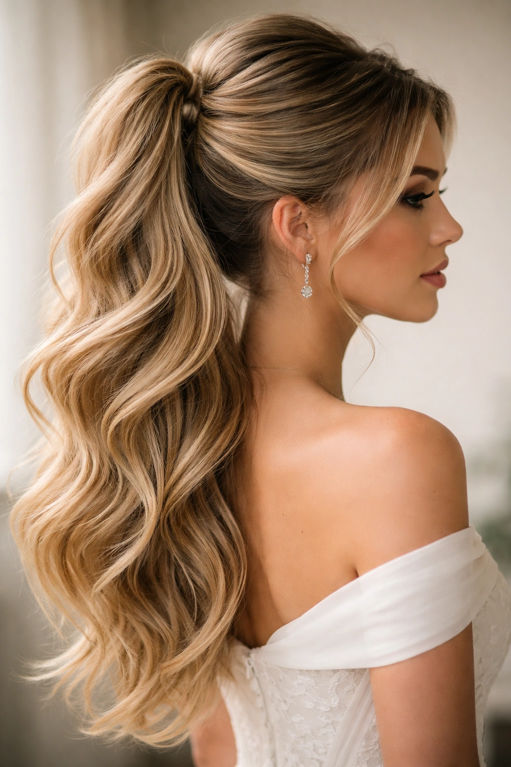 Profile view of layered half ponytail with volume and stacked sections