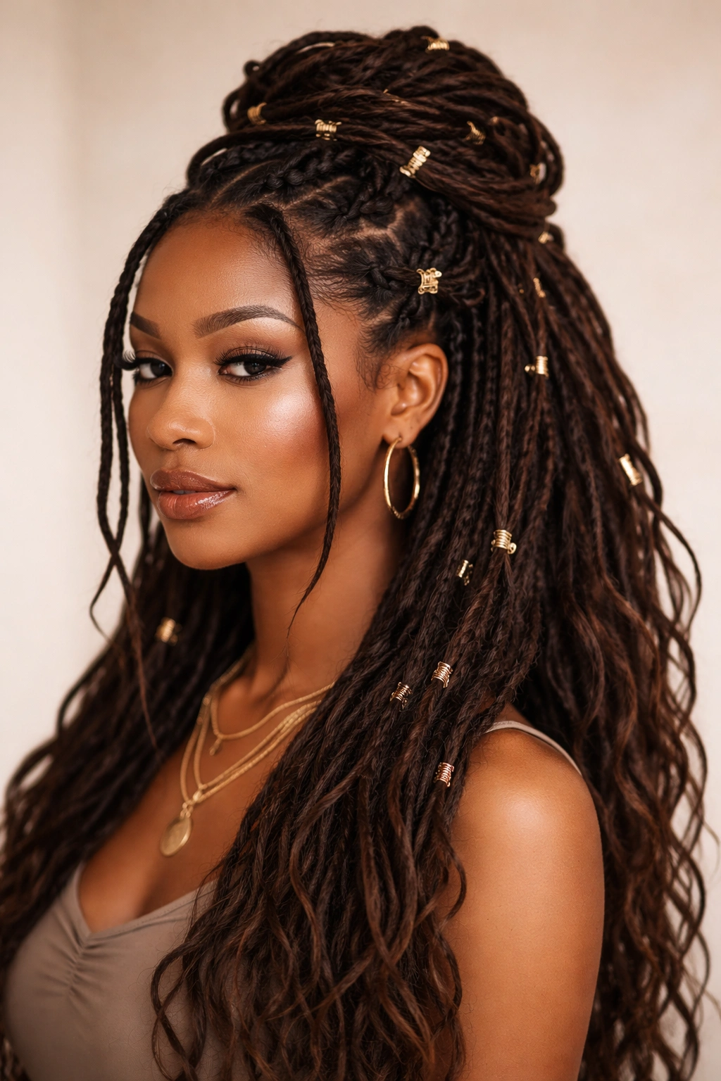 Front view of layered half up with accessories showing layered sections and hair cuffs