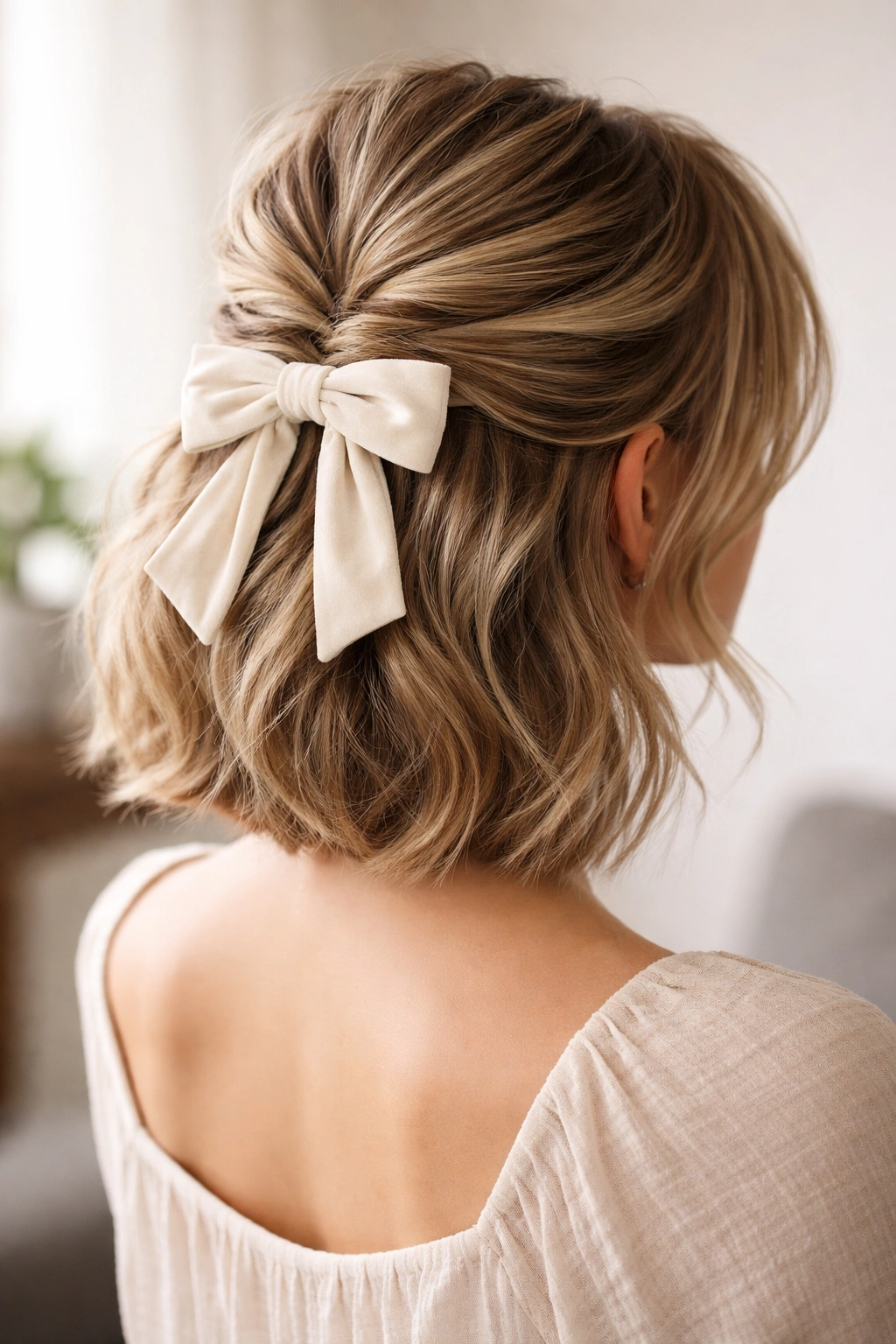 Layered half-up hairstyle on short hair with a bow anchoring the layers