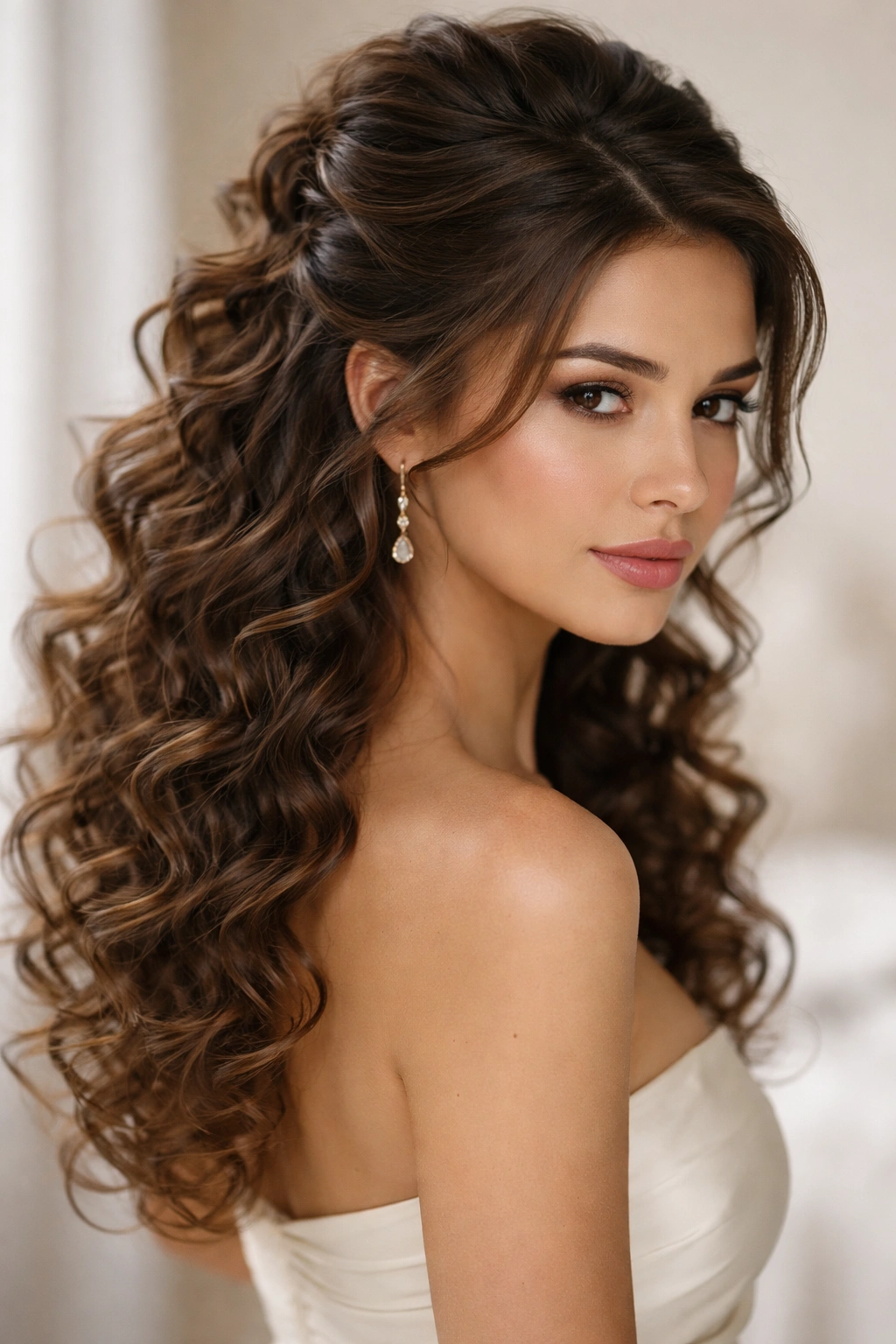 Portrait showing layered half-up hairstyle on curly hair