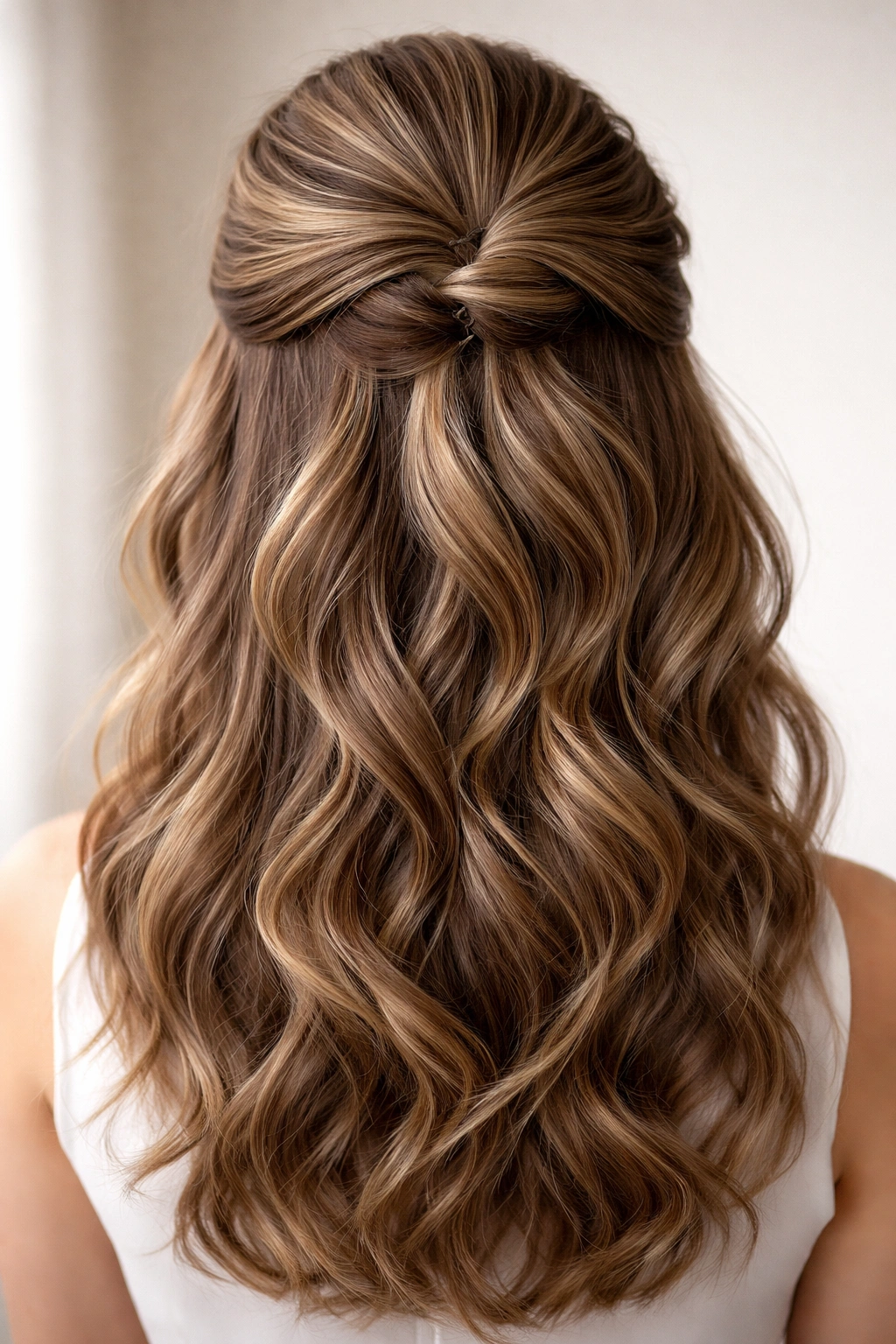 Close-up of a layered half-up hairstyle with two clips creating depth