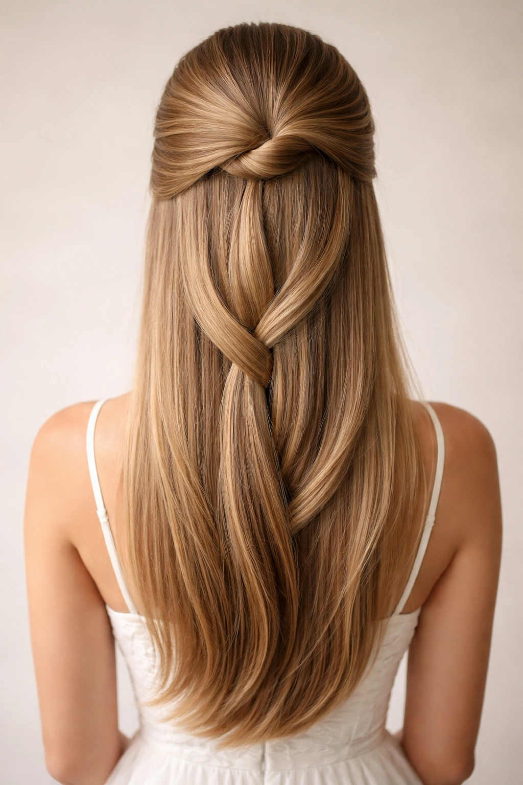 Back view of straight hair with multiple layered half-up sections