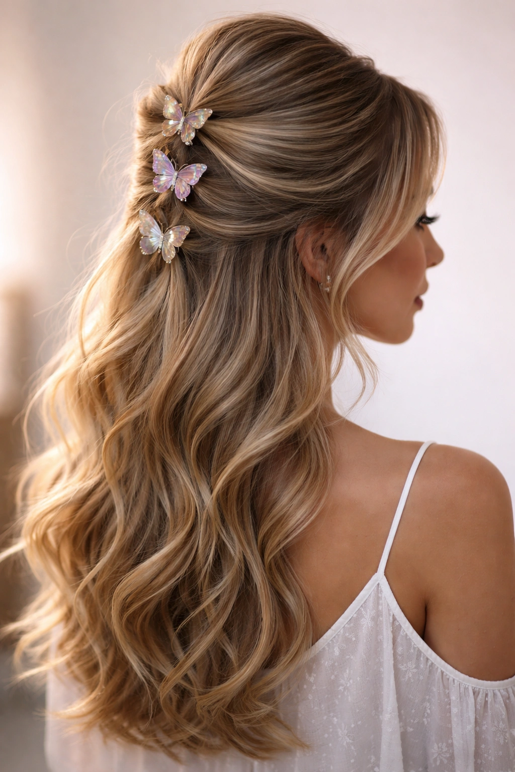 Layered half-up hairstyle with teased crown and clips