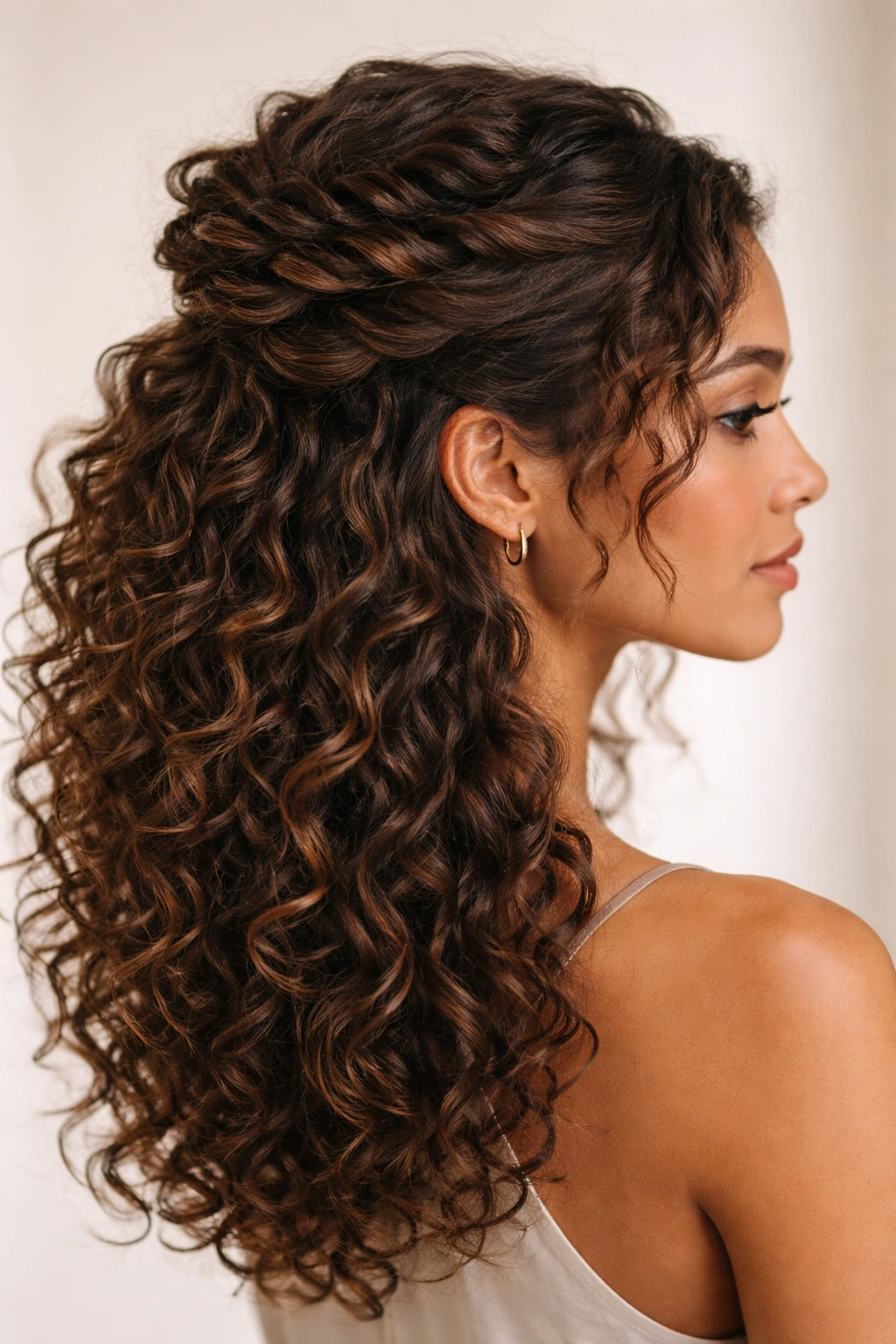 Side view of layered half-up hairstyle with distinct secured layers and textured curls
