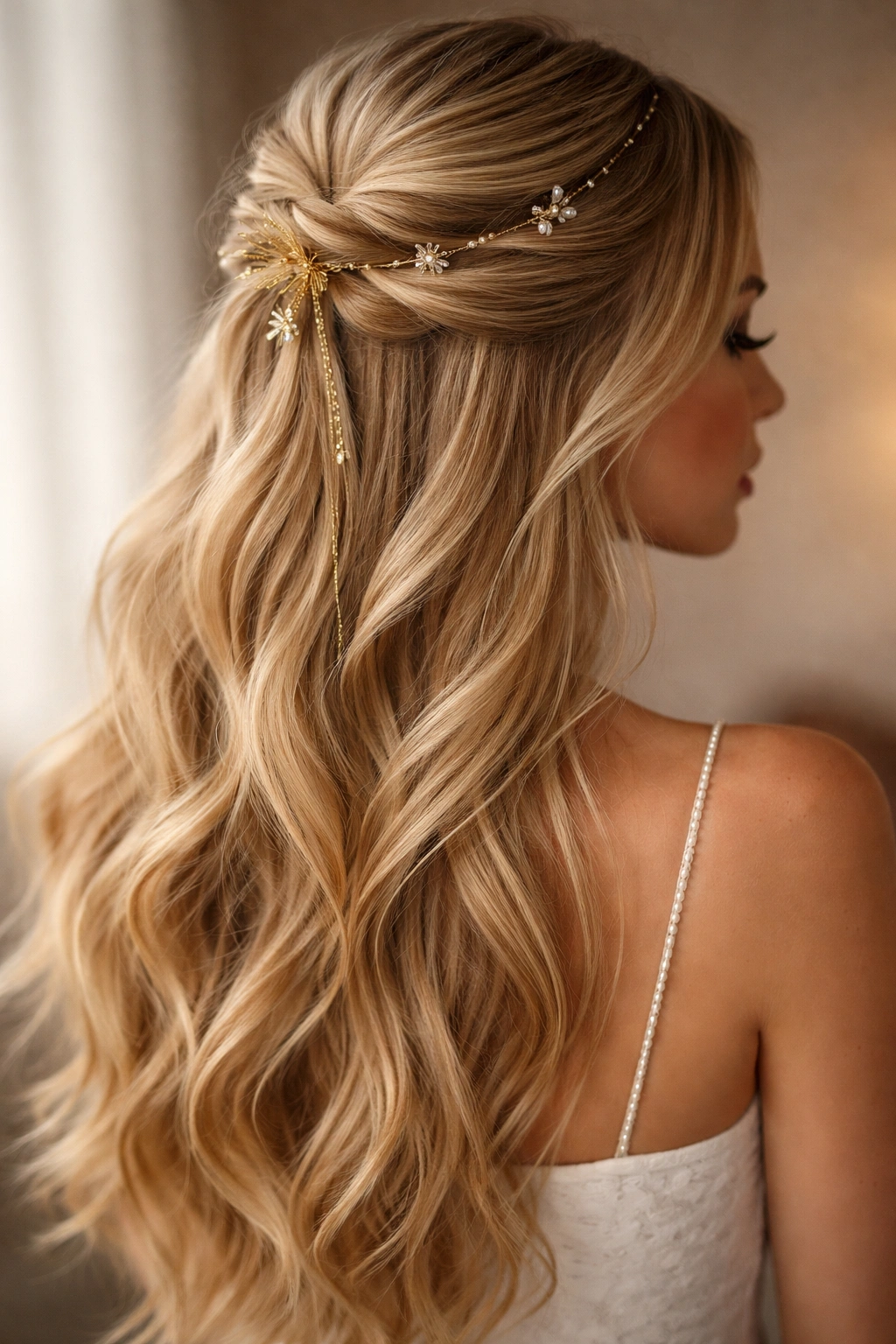 Long blonde hair styled in a layered half-up with delicate pins and subtle thread
