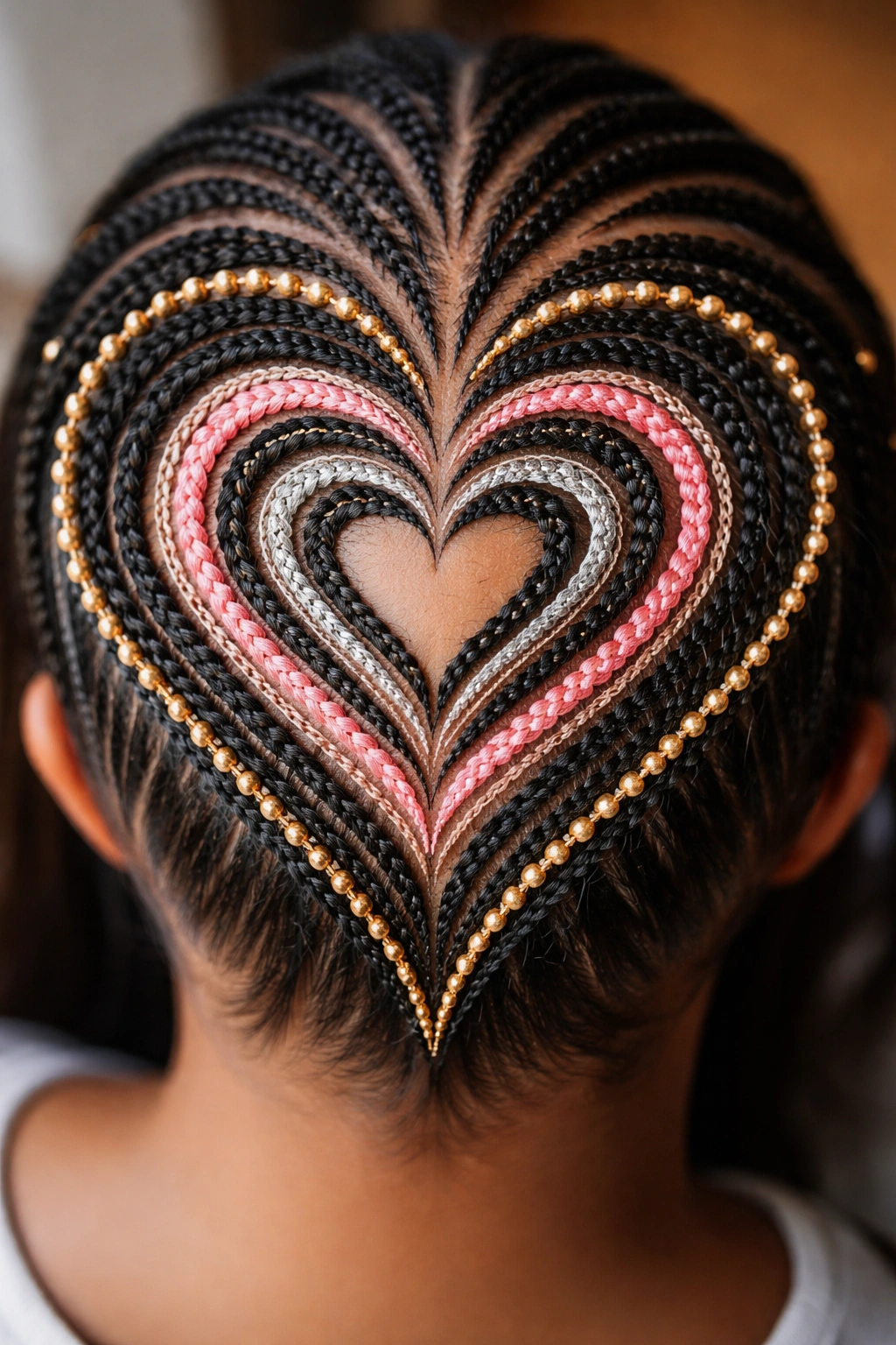 Scalp top-down with a large heart outline filled by nested smaller hearts using layered colors and beads