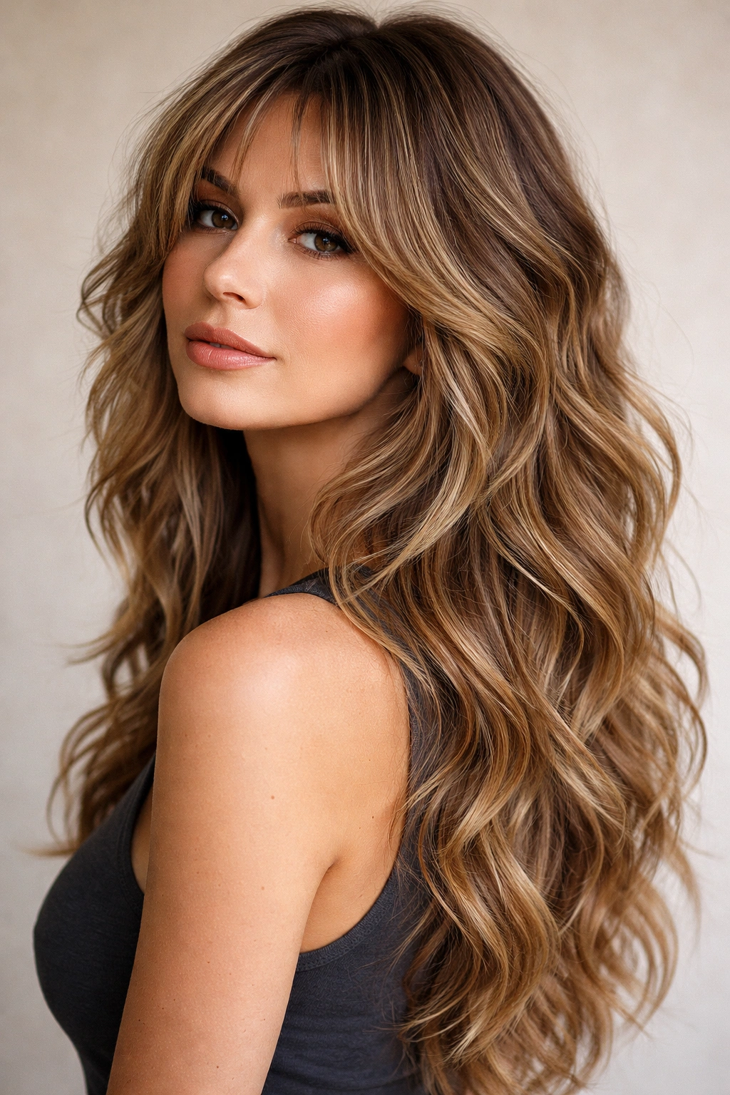 Close-up of layered high-low hairstyle with short front layers and long back waves on a model head, studio lighting.