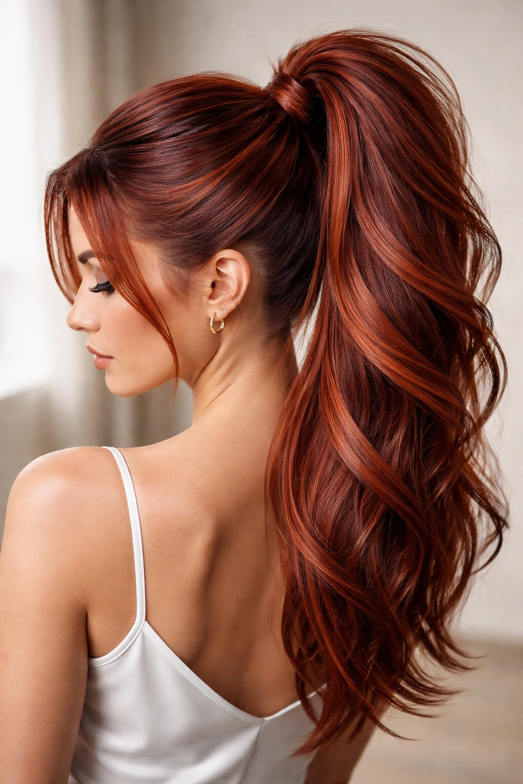 High ponytail with layered, textured red hair