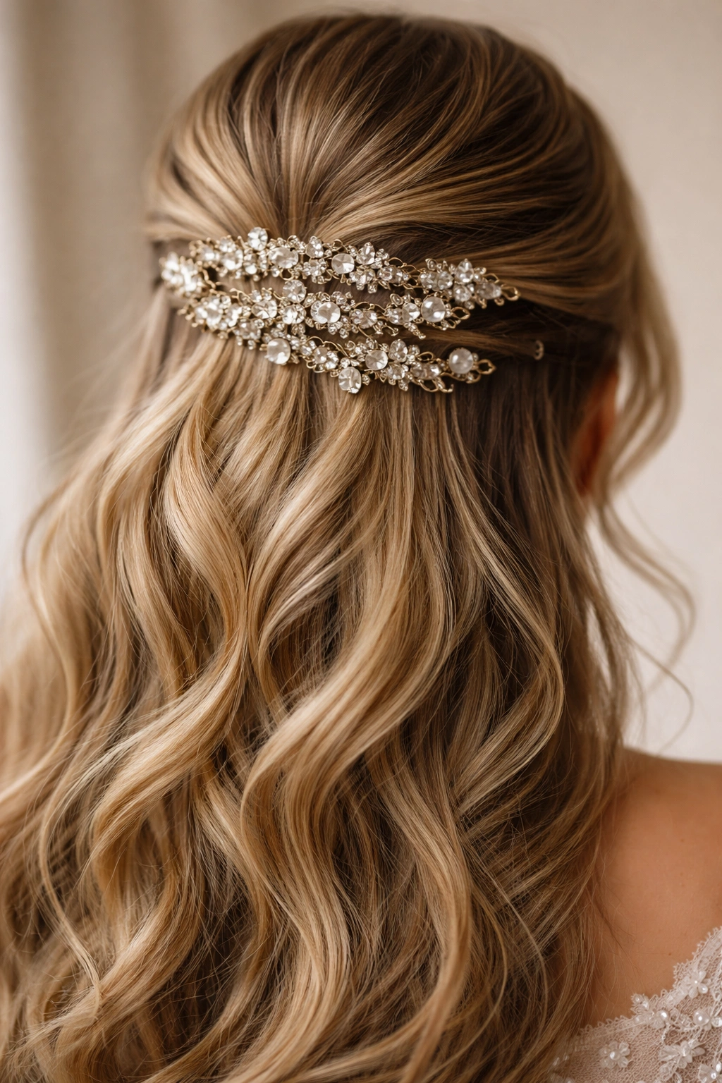 Close-up of layered jeweled clips in a half-pinned hairstyle with varied sizes