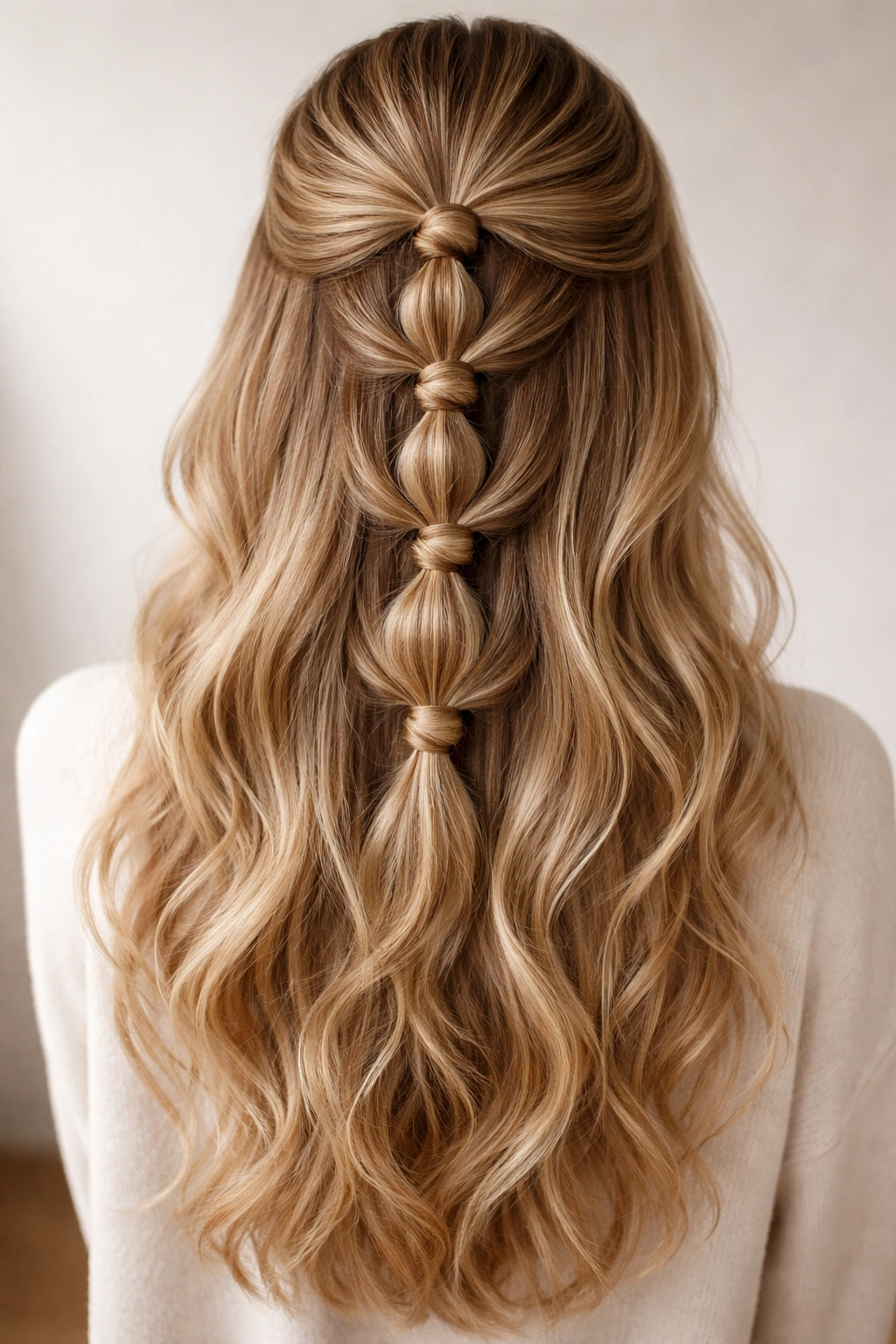 Vertical stack of small knots down the back of long wavy hair