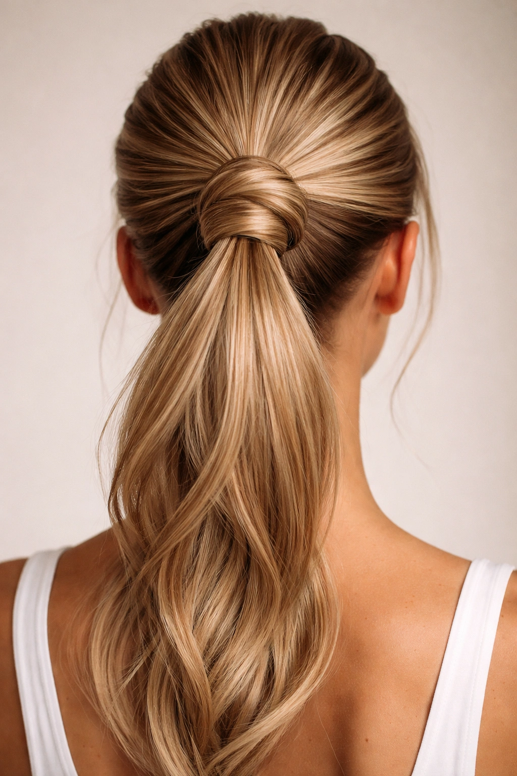 Close-up of layered knot ponytail with wrapped sections for volume
