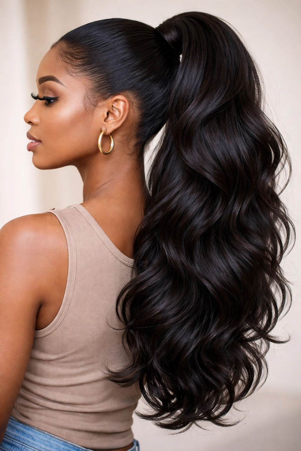 Layered length ponytail with multiple weave lengths and depth