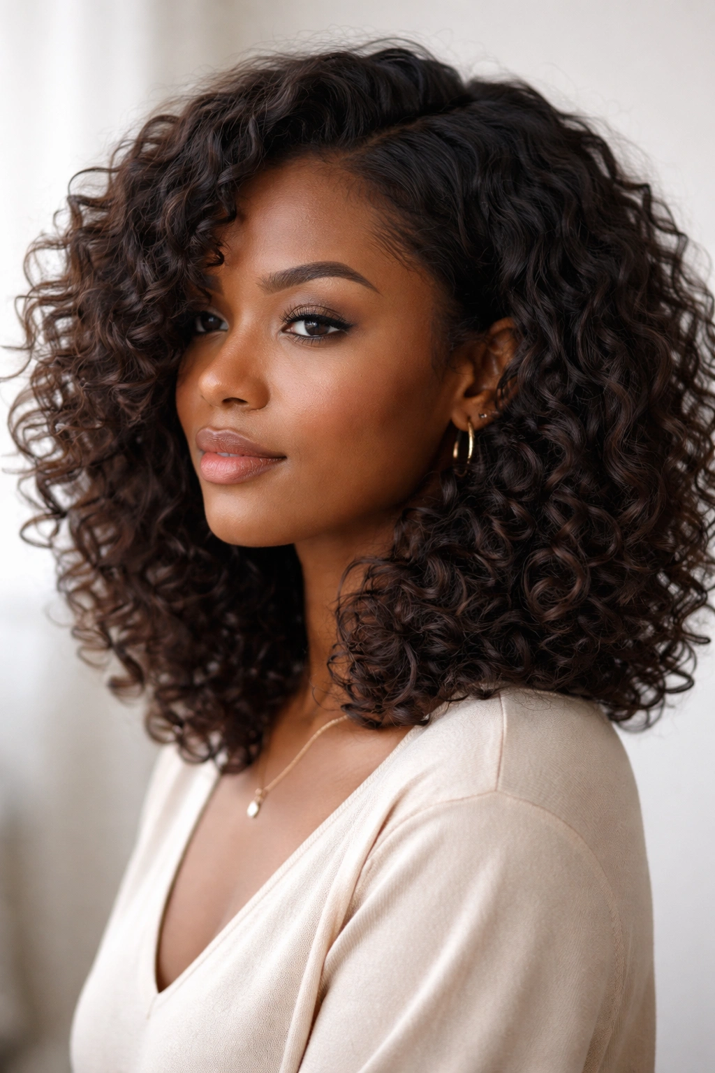 Shoulder-to-chin layered lob with texture on curly hair