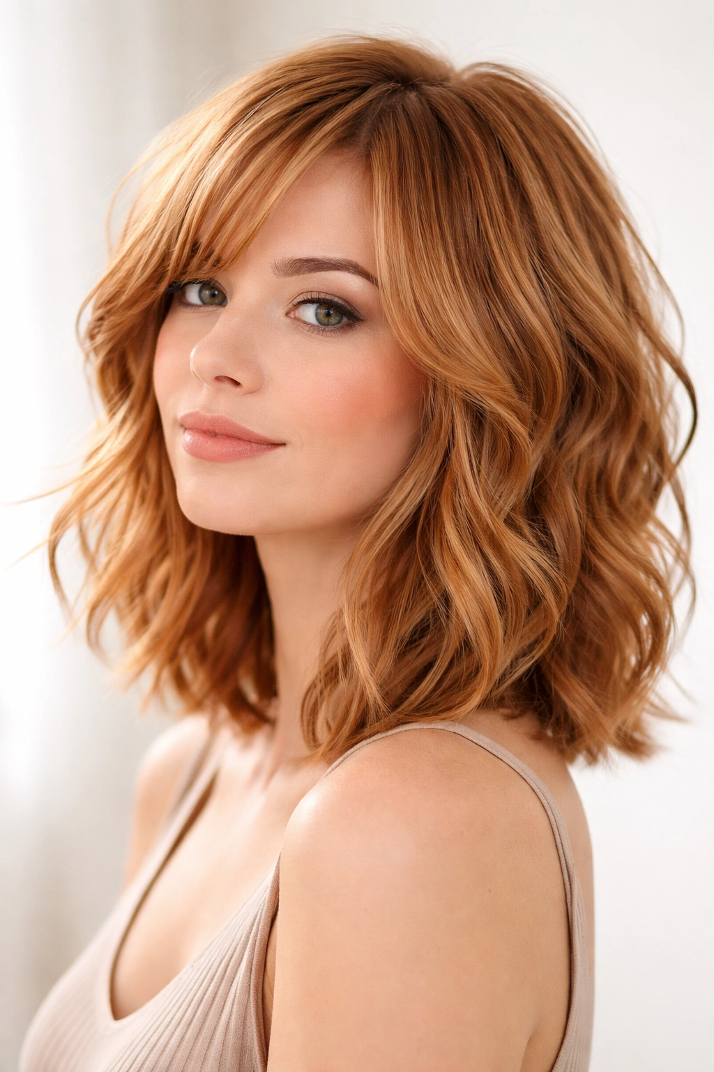 Layered lob with soft waves and strawberry blonde color variation