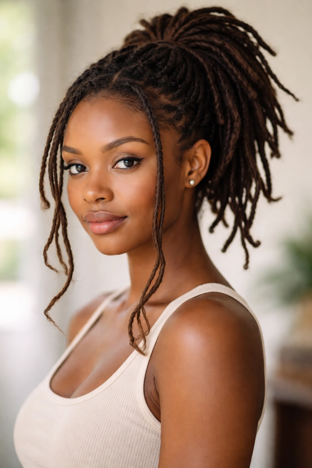 Layered locs with face-framing pieces in a ponytail