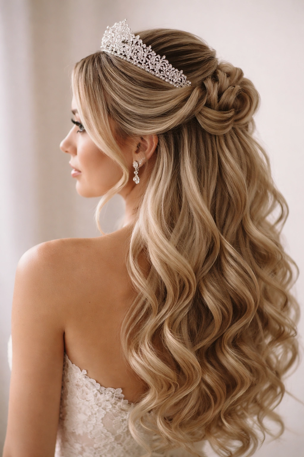 Profile view of layered loops half-up hairstyle with graduated tiara.