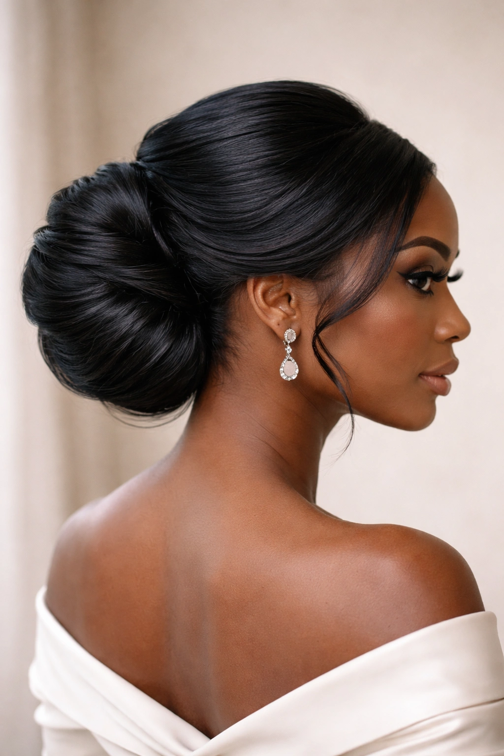 Layered low bun with height and layered silhouette