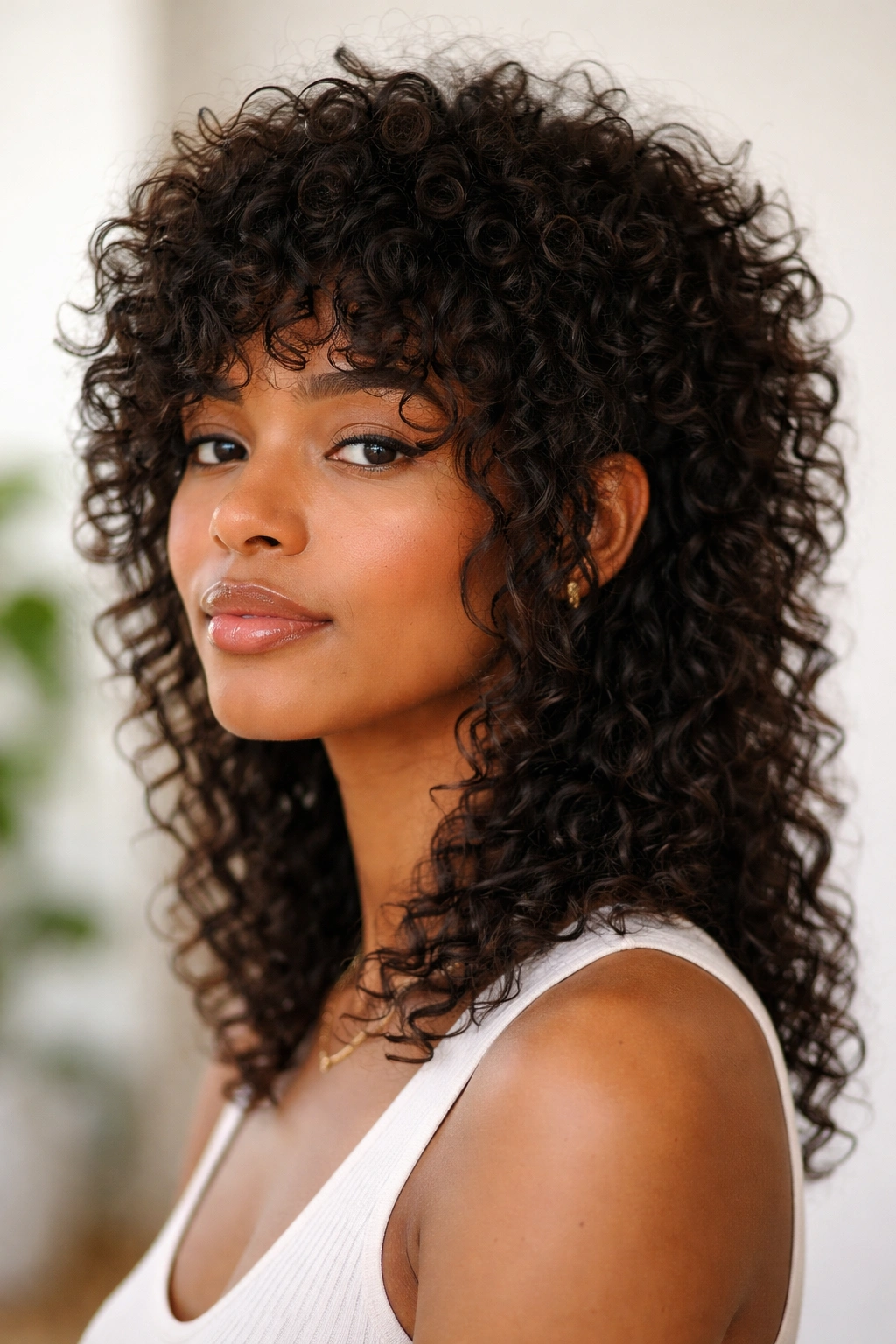 Close-up of layered mullet with face-framing layers around the face